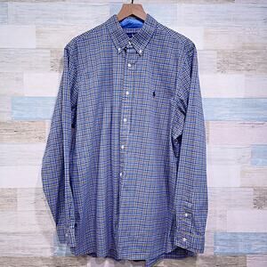 Ralph Lauren Cotton Stretch Long Sleeve Shirt Blue Brown Plaid Poplin Mens XL